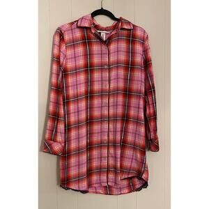 Victoria's Secret Pink Flannel Sparkle Sleep Shirt Dress Black Lace‎ Trim Small